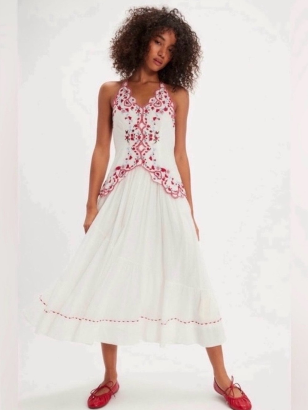 Free People Valenciana White Midi Dress with Red Embroidered Bodice - Picture 3 of 9